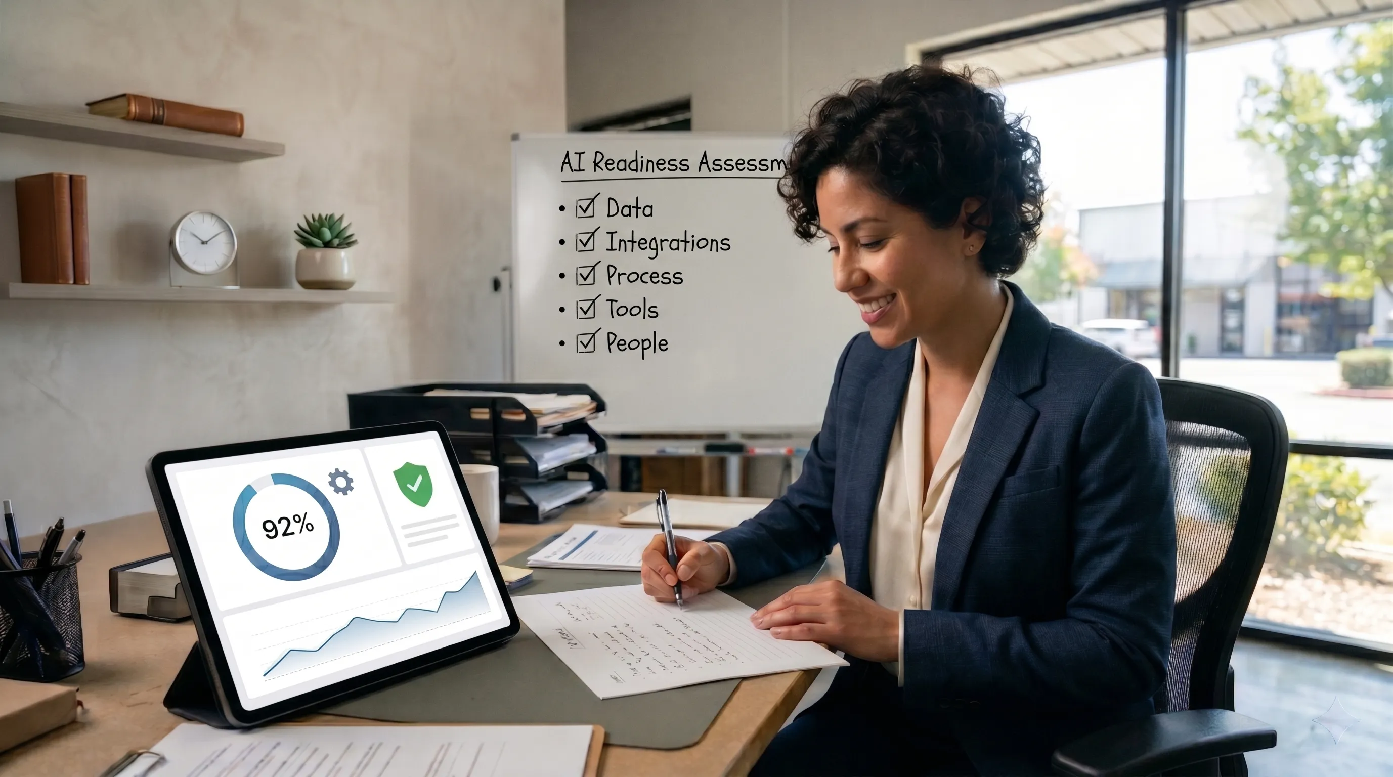 A small business operations lead scoring her team against the five pillars (Data, Integrations, Process, Tools, People) and landing in the agent-ready band.