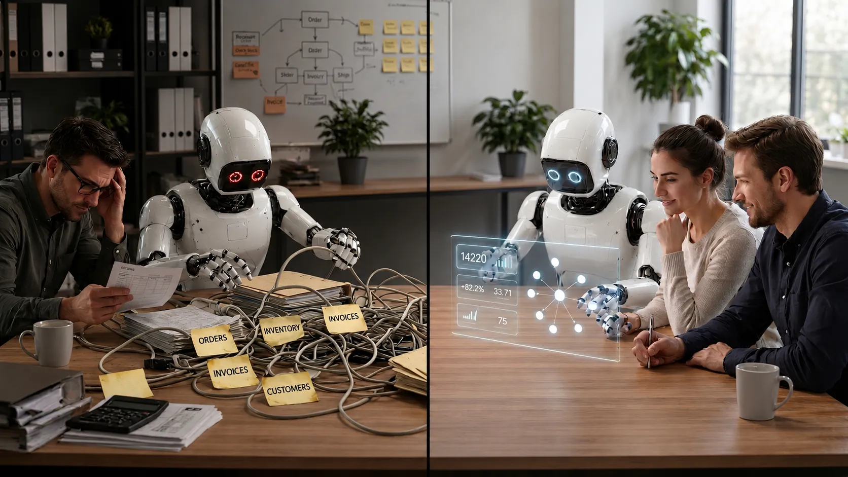 Split-panel illustration of small business AI: on the left a stressed founder is overwhelmed by tangled wires and sticky labels for orders, inventory, invoices and customers, representing AI bolted onto disconnected systems and dirty data; on the right the same AI assistant projects a clean integrated dashboard for a calm team, showing what AI-ready means for a 20-person company when workflow integration and clean, connected data are in place.