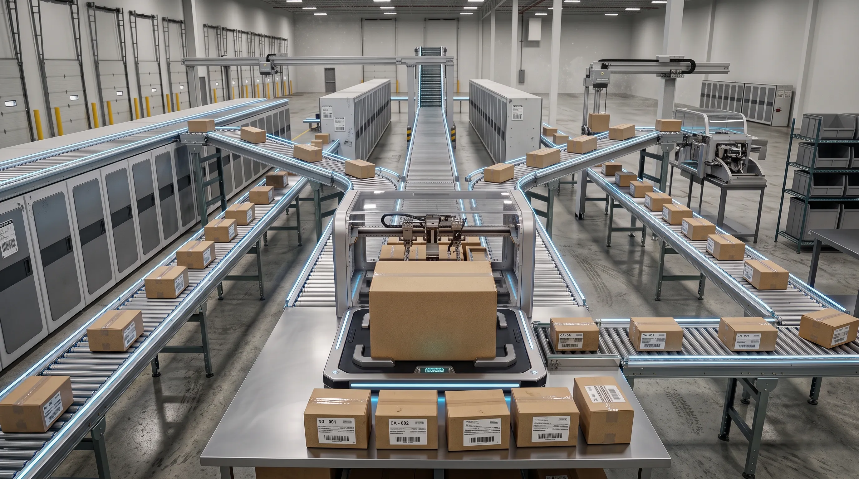 A modern automated fulfilment warehouse where powered roller conveyors edged in blue light branch and merge across the floor, carrying labelled cardboard parcels along several routes. In the centre a robotic sorting station processes one boxed order while others travel out to different conveyor paths, representing a custom engine that plans and routes each order across multiple fulfilment options.