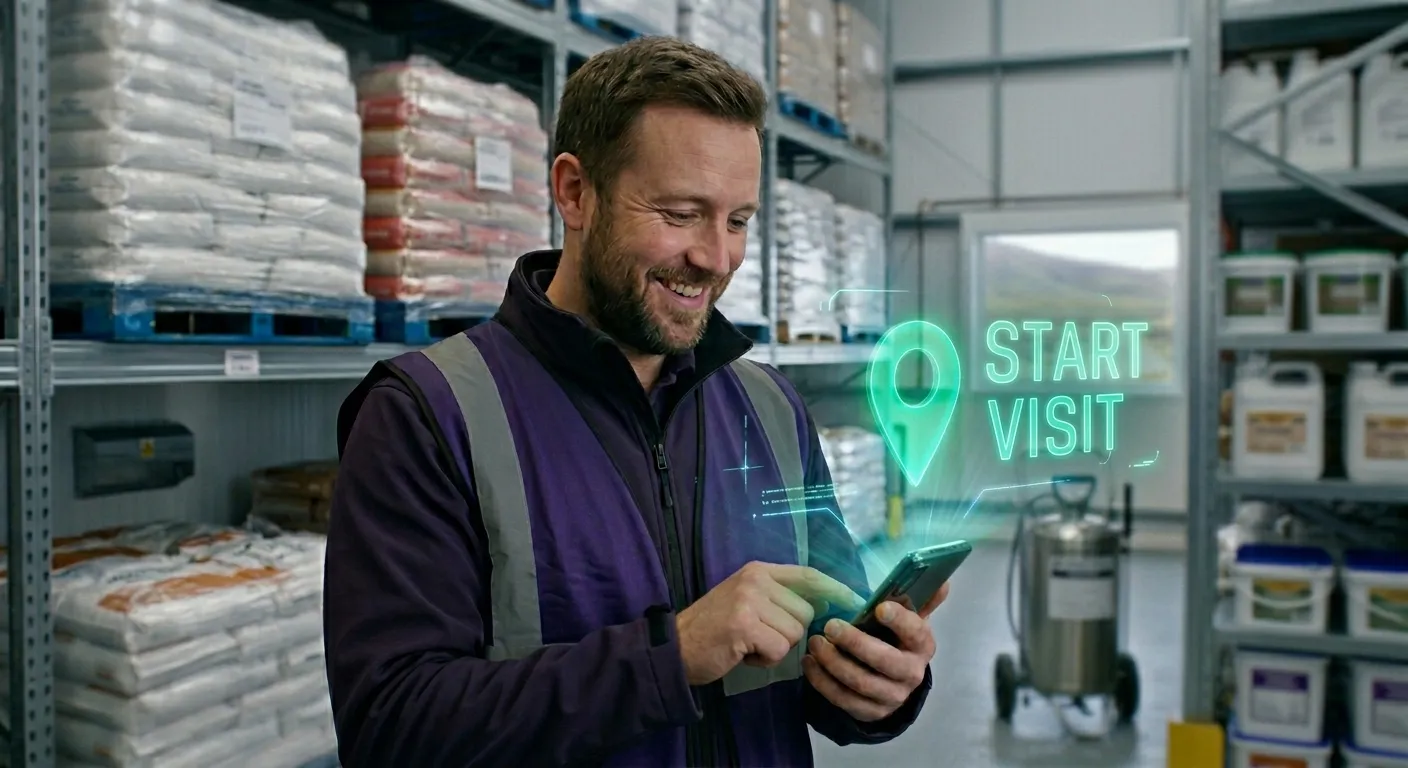A smiling man in a purple and grey safety jacket stands in a warehouse and interacts with a smartphone. A bright green augmented reality (AR) overlay hovers near his phone, displaying a location pin and the text "START VISIT". The warehouse shelves are stocked with large bags on pallets.