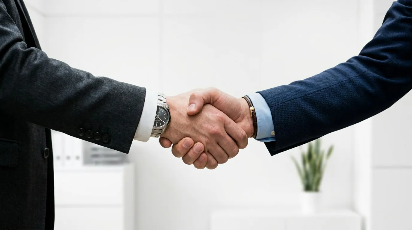 Small business owner and integration partner shaking hands in a bright office after agreeing to outsource API integration, moving away from manual data entry and disconnected SaaS tools toward a managed integration partnership.