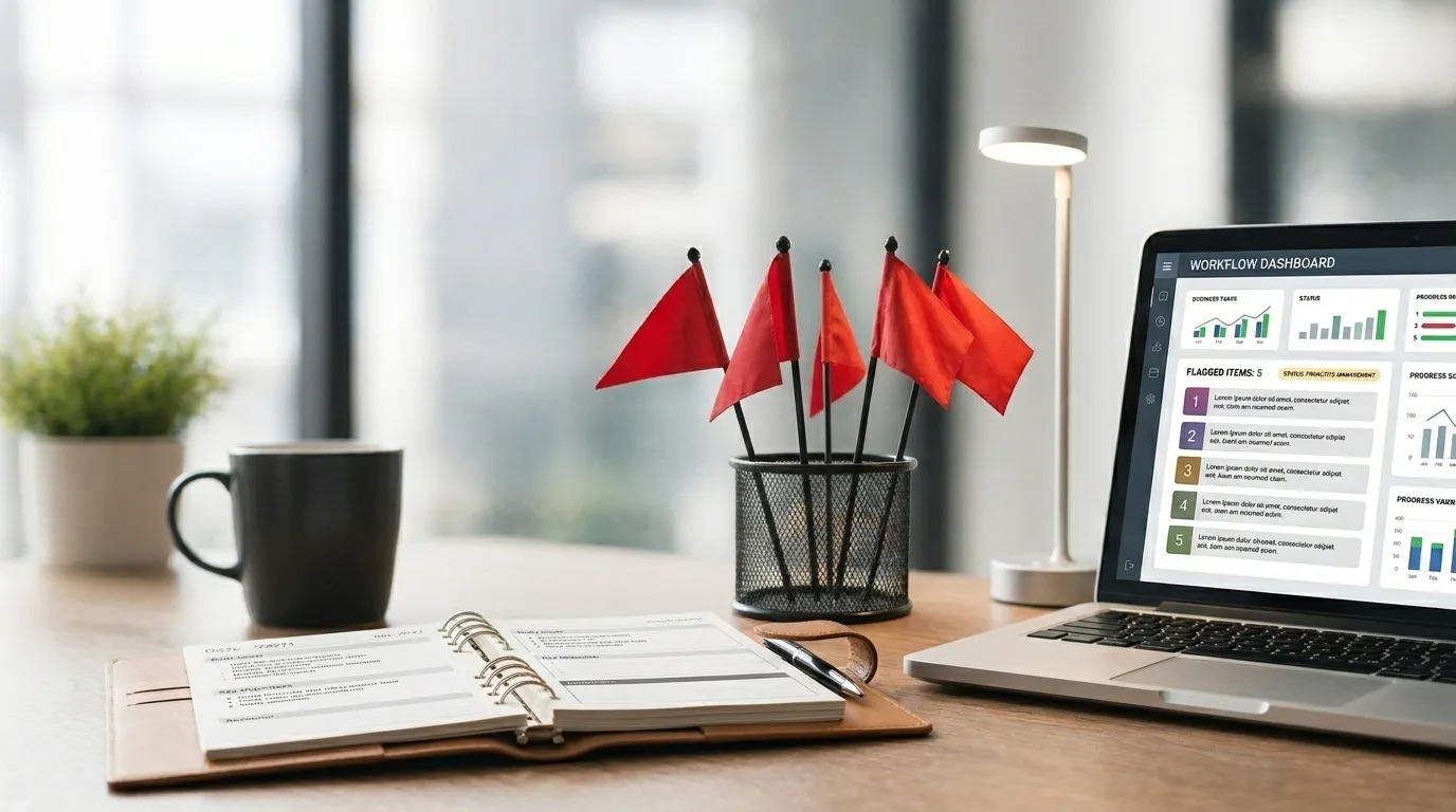 Five red flags on a desk next to a workflow dashboard showing flagged integration problems, representing the hidden cost of disconnected business systems, manual data entry errors, and broken software integrations that small businesses need to audit.
