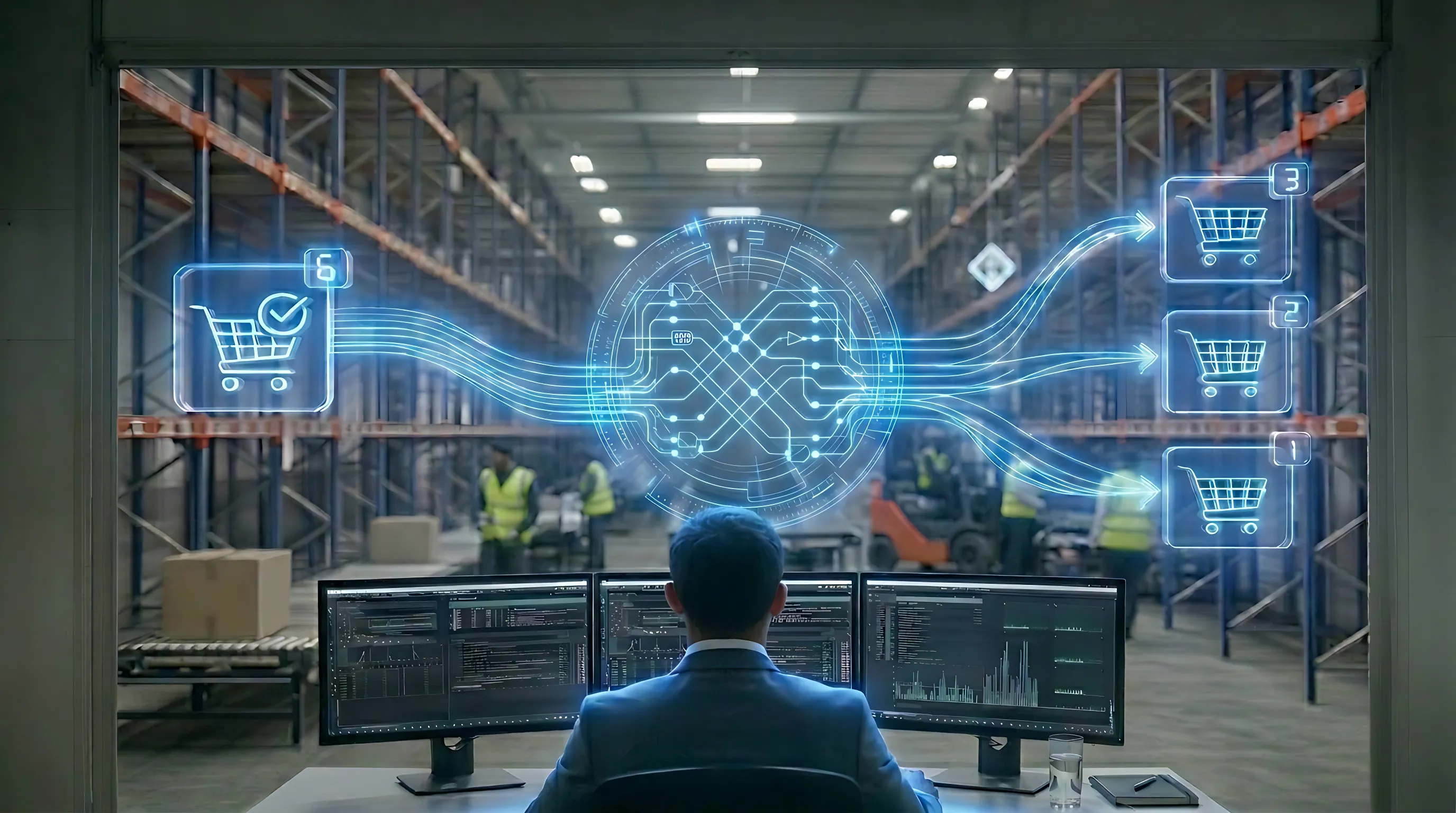A manager at three monitors in a large warehouse. A blue holographic overlay illustrates a Mirakl to Mintsoft integration, showing a single Mirakl order sync splitting into three Mintsoft inventory sync destinations. The background shows workers in a 3PL marketplace integration facility with high-reach shelving, representing marketplace fulfilment automation and 3PL order management.