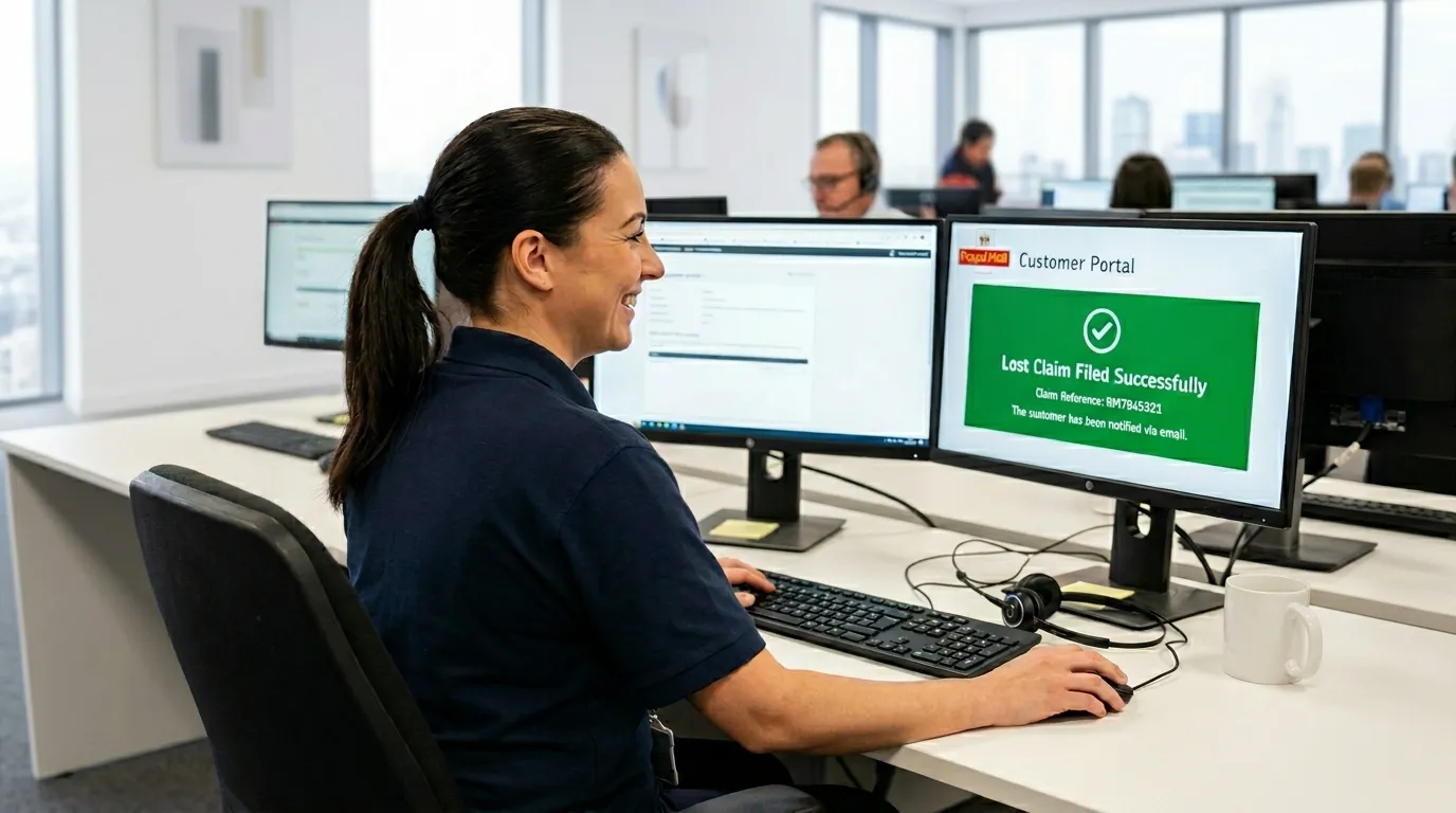 A happy e-commerce support agent with dark hair in a ponytail sits at a clean, modern white desk in a bright office. She is viewed from the side and back, smiling at her dual monitor setup. The primary screen displays a "Customer Portal" with a large green box containing a white checkmark and the text "Lost Claim Filed Successfully" featuring the Royal Mail logo and a claim reference number. The background shows a professional, sparsely populated office with large windows.