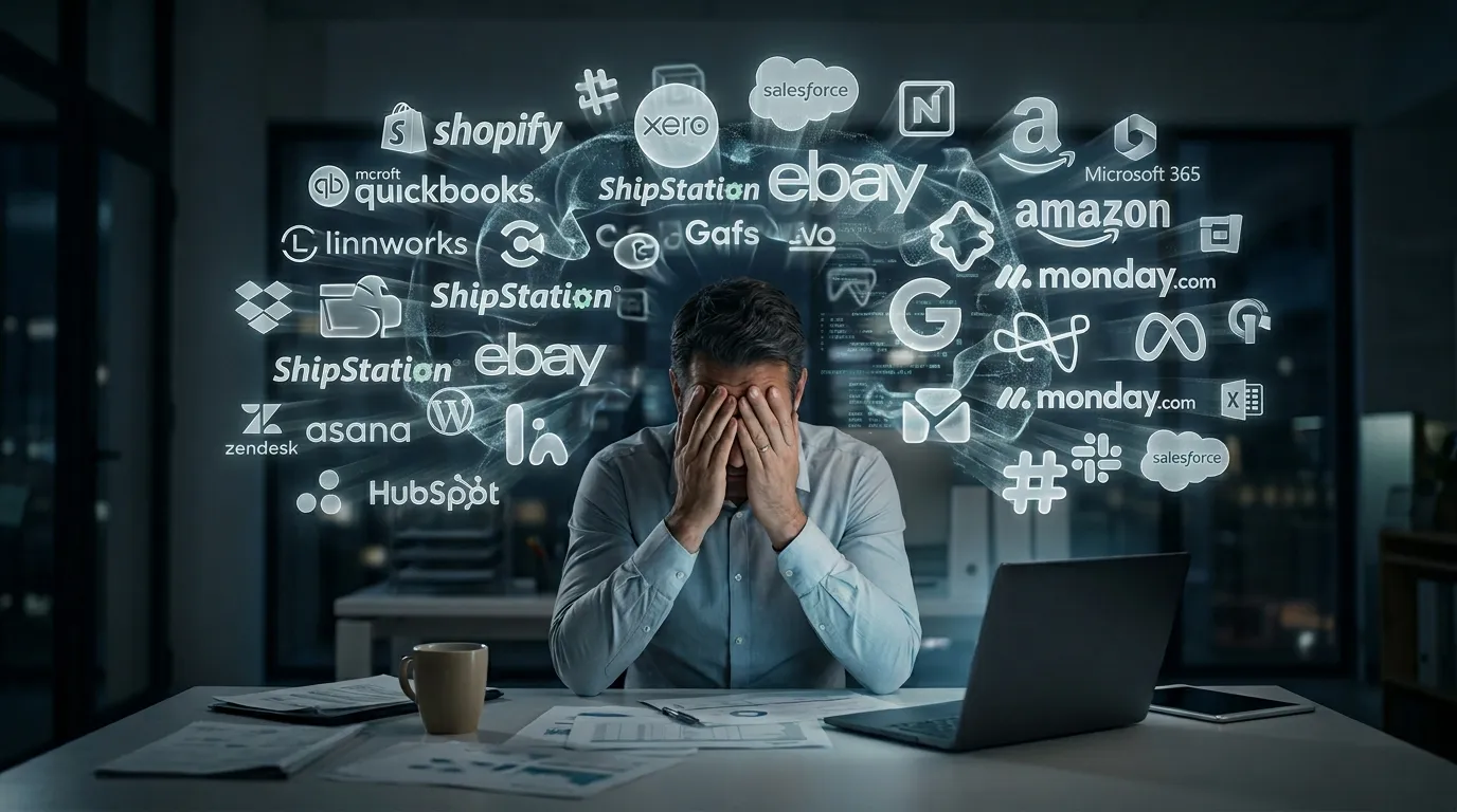 Small business owner reviewing a SaaS stack audit spreadsheet showing too many software subscriptions, app sprawl across departments, and unused licences flagged for cancellation.