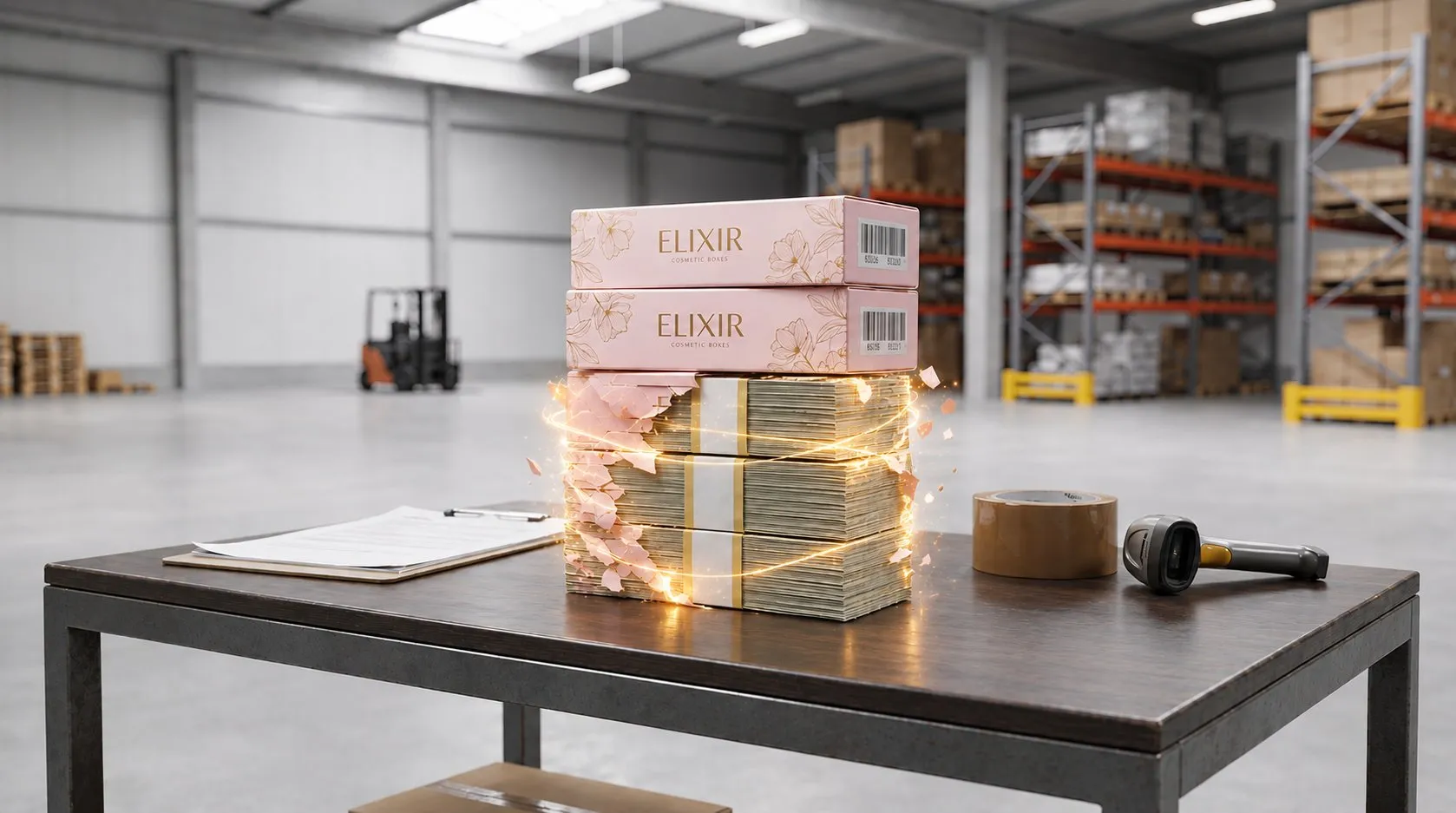 Two pink cosmetics boxes stacked on a workbench in a warehouse, on top of three bundles of banknotes. A glowing swirl of light breaks the lower boxes apart into the cash, as slow stock turns back into money. Behind them stand pallet racks of cartons and a forklift, and on the bench sit a clipboard, a roll of packing tape and a barcode scanner.