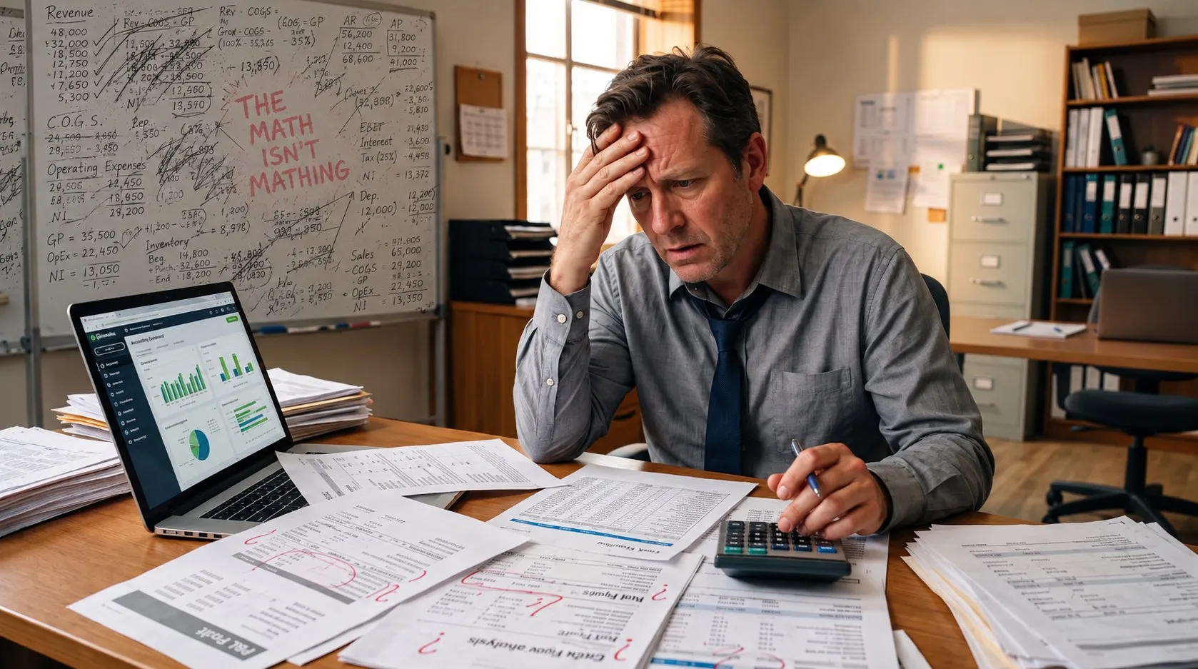 An ecommerce retailer working out profit per order sits at a cluttered desk, one hand on their forehead and a pen in the other, looking past a calculator at printed reports marked up with red question marks. A laptop beside them shows an accounting dashboard of bar and pie charts. On the whiteboard behind, the columns of a profit and loss calculation, revenue, COGS and net income, are crossed out and rewritten, with "THE MATH ISN'T MATHING" across them in red capitals.