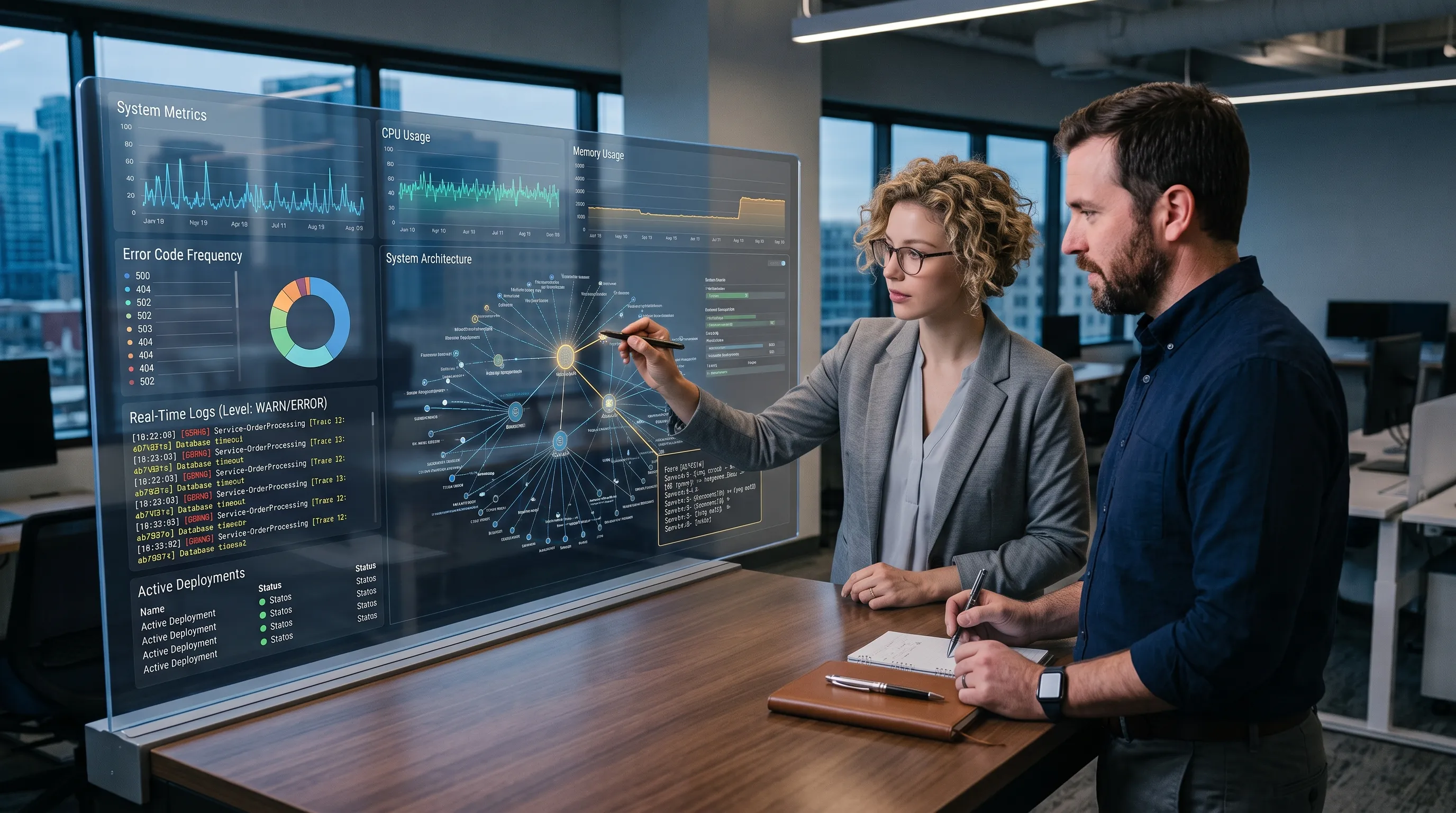 Two colleagues reviewing an integration monitoring dashboard together, showing error code frequency, real-time warning and error logs, and a system architecture map, illustrating shared responsibility for watching an integration after it goes live.