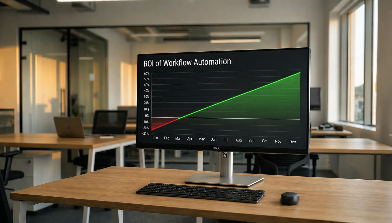 Workflow automation ROI dashboard showing payback period calculation, cost savings from automated processes, and recovered revenue from error reduction.