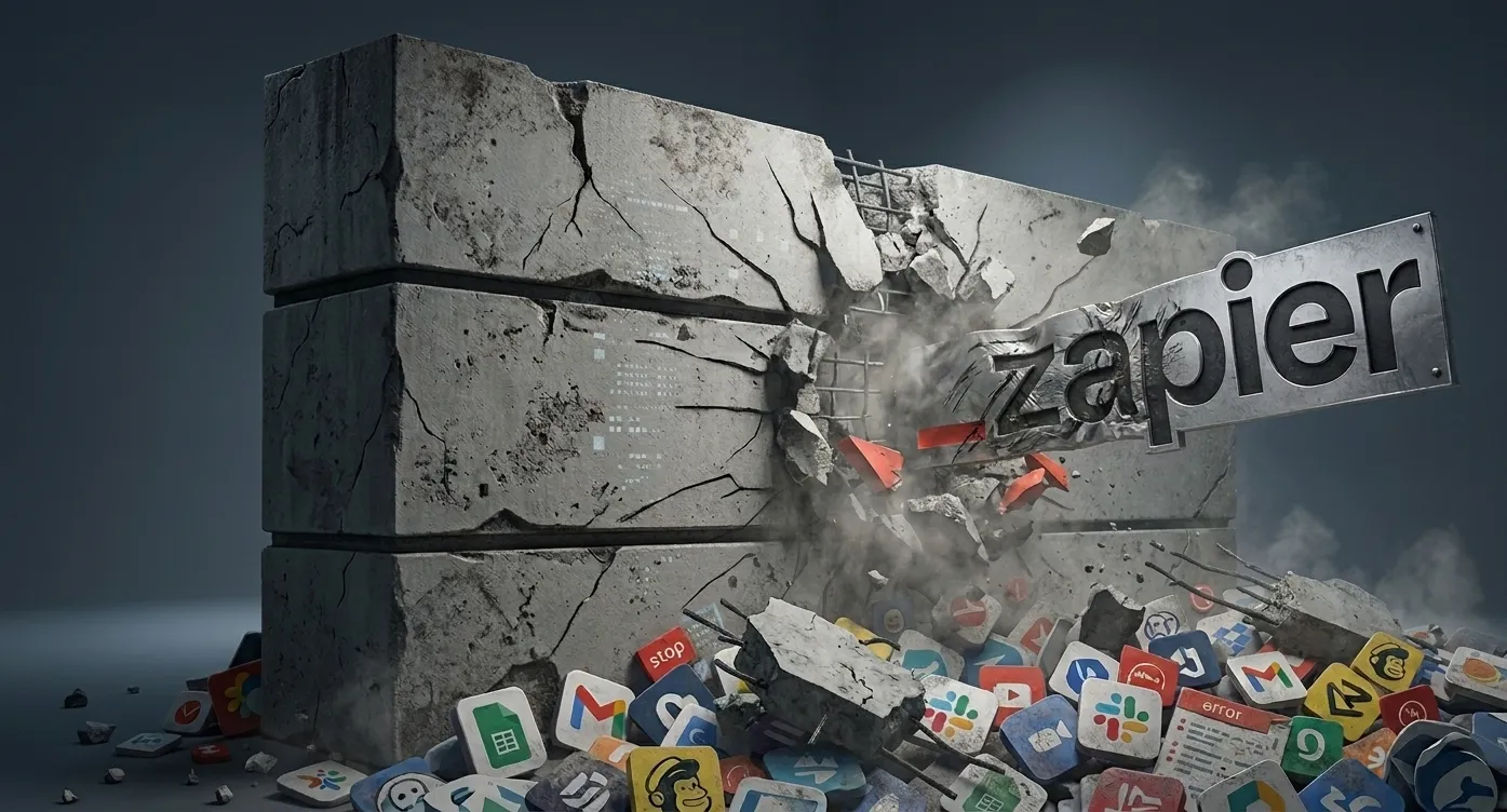 Zapier logo crashing through a concrete wall with app icons like Slack, Mailchimp, and Shopify scattered in the rubble, representing Zapier limitations and the moment low-code automation breaks down under complex business workflows.